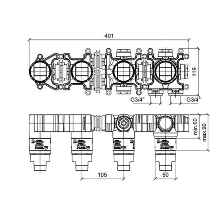 Внутренняя часть, Almar, Water Control Modular, однорычажного смесителя с переключателем на 2 положения, горизонтальный модуль для ванны Внутренняя часть, Almar, Water Control Modular, однорычажного смесителя с переключателем на 2 положения, горизонтальный модуль для ванны