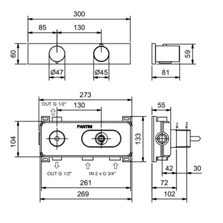 Fantini Milano Термостатический встраиваемый смеситель для душа на 2 потока, цвет Матовая натуральная сталь (без внутр части), артикул 31 93 G872B