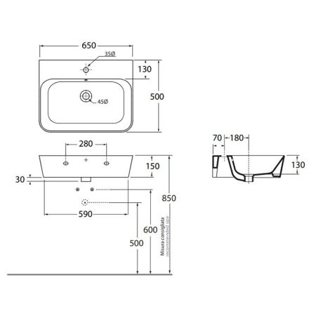 AZZURRA BUILD  раковина подвесная/накладная  65х50х16 см с 1 отв. под смеситель , цвет белый