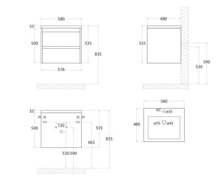 FAMILY База под раковину подвесная с двумя выкатными ящиками, Cemento Veneto, 580x480x550, Family-580-2C-SO-CV, артикул Family-580-2C-SO-CV