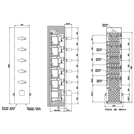 Gessi Rettangolo Встраиваемый термостат, подключение на 3/4”, с 5ю независимыми выходами(внешние части), цвет: хром, артикул 43030#031