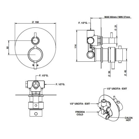 BONGIO Термостатический смеситель с переключателем на 2 положения, цвет матовое французское золото (без встраив части 09766), артикул 68569HMPREU
