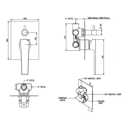 Bongio Stelth Смеситель встраиваемый для ванны на 2 выхода, цвет Gold, артикул 01519OREU