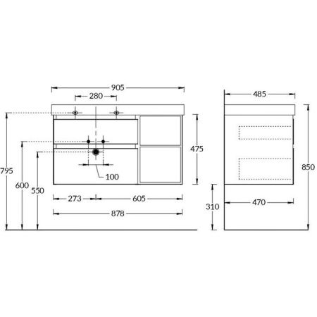 Тумба CUBO левая подвесная с ящиками 90, белая матовая, артикул CUB.90Lh\WHT.M