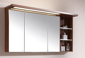 Puris Swing, зеркальный шкаф 120 см правый (3 двери и открытые полочки справа) с подсветкой, цвет белый глянцевый