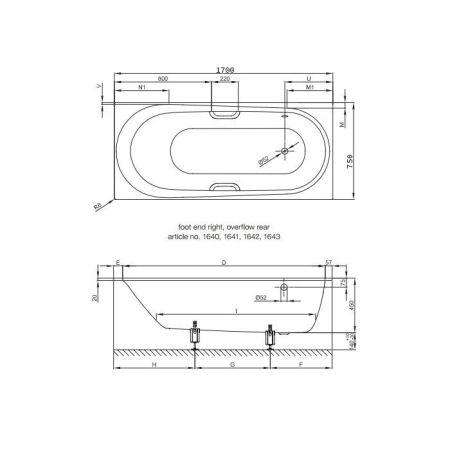 BETTE Comodo Ванна 170х75х45 с шумоизоляцией, область ног ванны справа, перелив сзади (для удлиненного слив-перелива) белая, артикул 1640-000