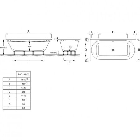 E6D153-00 ванна прямоугольная ODEON RIVE GAUCHE (композит+акрил) /180х85/ (белый), артикул E6D153-00