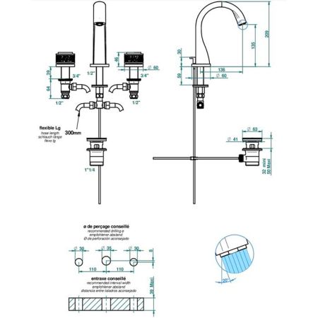THG PARADISE Смеситель для раковины на 3 отверстия, с донным клапаном, цвет хром, артикул U5C-A02-151