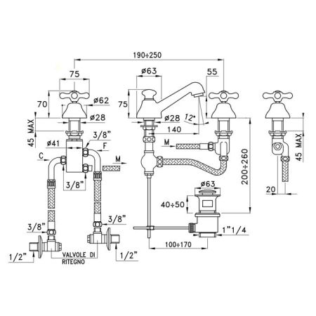 Stella Roma Смеситель для раковины на 3 отверстия 3224PTC, с донным клапаном, цвет: хром, артикул RM 00014 CR00