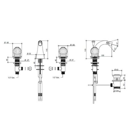 Bongio Rivoli Смеситель для биде 3 отв., цвет хром/Cristallo 00, артикул 05503CR00