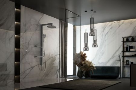 душевые стойки Vincea Душевая стойка Inspire VSFS-3I11GM с изливом, 30см верх душ, вороненая сталь,, артикул VSFS-3I11GM