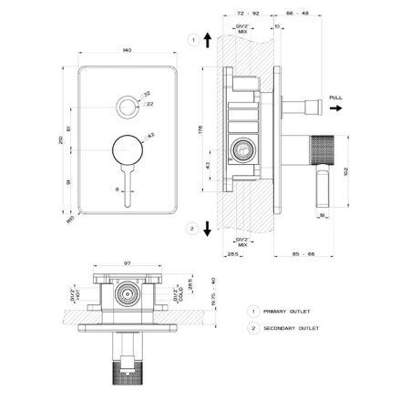 GESSI INCISO Встраиваемый смеситель, на 2 источника с автоматическим переключателем (внешняя часть), цвет: nero XL, артикул 58079#299