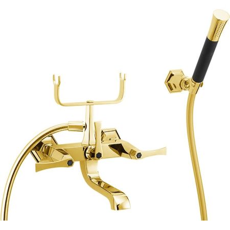 CISAL Cherie Смеситель двухвентильный настенный для ванны/душа с ручной лейкой,держателями и шлангом, цвет золото/черный матовый, артикул CF0001207C
