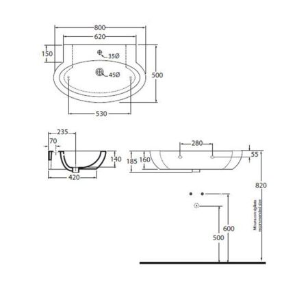 AZZURRA COMODA раковина подвесная с 1 отв. под смеситель 80х50см, цвет белый, артикул CMLS08050T0MBI/(COM 80/S bi)*1