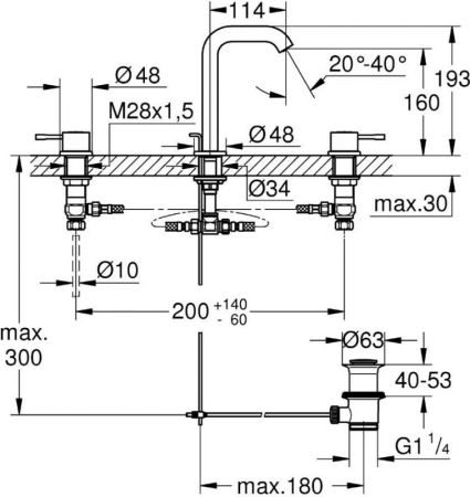 Смеситель для раковины GROHE Essence+ на 3 отверстия с донным клапаном, хром (20296001), артикул 20296001