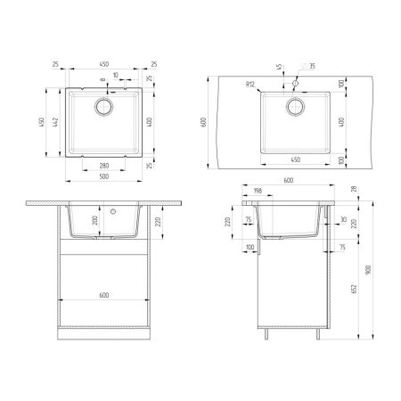 Кухонная мойка Ulgran Quartz Under 450-07, уголь, артикул Under 450-07