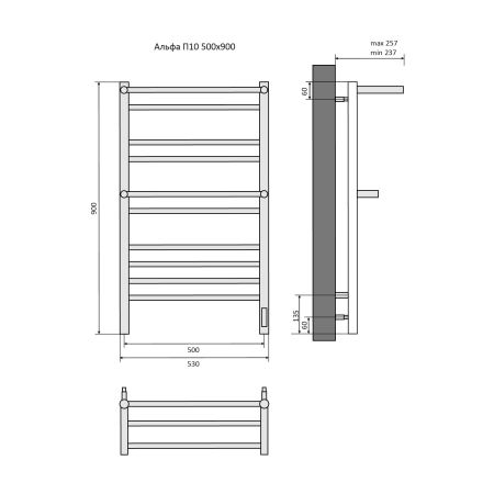 Полотенцесушитель электрический Aquatek (Акватек) Альфа П10 500х900 мм, с полкой, черный муар, подключение скрытое к сети электропитания / электропровод с вилкой, с терморегулятором и таймером quick touch, нержавеющая сталь AISI 201, гарантия 5 лет, артикул AQ EL RRP1090BL