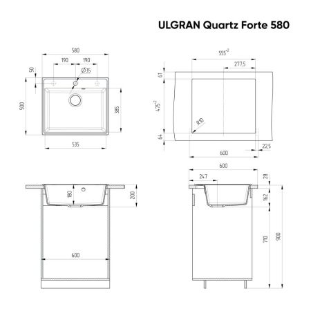 Мойка ULGRAN Quartz асфальт (Forte 580-09), артикул Forte 580-09
