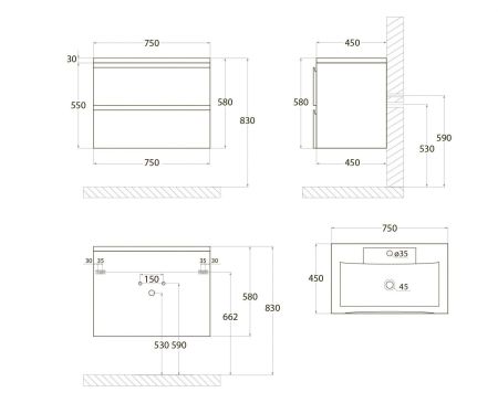 BIANCHI База под раковину подвесная с двумя выкатными ящиками, Оливковый матовый AM-Bianchi-750-2C-SO-OM, артикул AM-Bianchi-750-2C-SO-OM