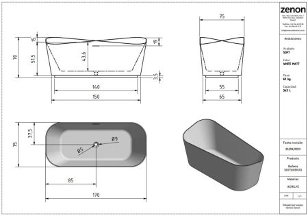 Zenon Sottovento, акриловая ванна прямоугольной формы, 170x75xh70 см, цвет белый матовый, артикул 4000.000.000.000.40988