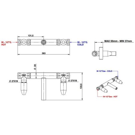 BONGIO T CROSS Встроенная часть настенного смесителя для раковины на 3 отверстия, артикул 09767/T