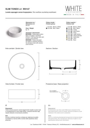 White Ceramic Slim, накладная круглая раковина Ø40x13h см, цвет черный матовый, артикул W014705