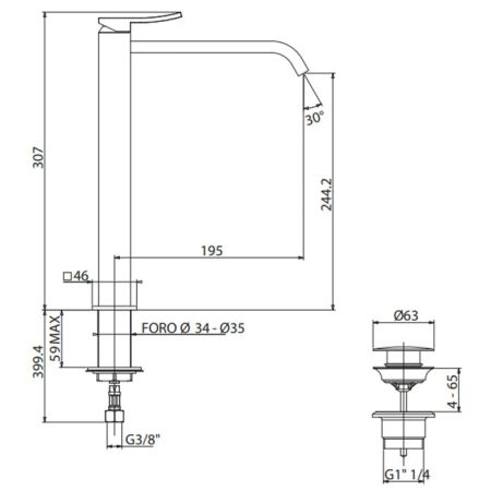Gattoni ELY Смеситель для раковины высокий H307мм , излив 195 мм, цвет хром, артикул 8848/88C0cr