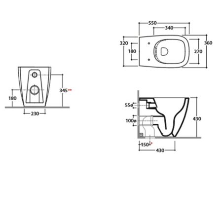 GLOBO Genesis Унитаз напольный приставной,  безободковый 55 см,слив универсальный, с креплением, цвет: белый