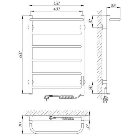 Полотенцесушитель электро "Прайм ЧК П6 400*600", правый, артикул 75201060