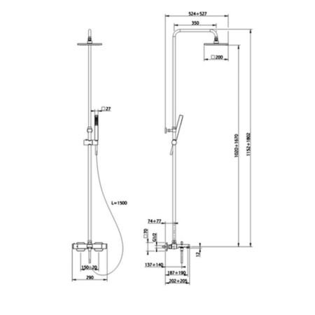 CISAL Roadster Душевая стойка настенная, с термостатическим смесителем, с изливом, верхним душем 200х200 мм, ручным душем и шлангом 1500 мм, цвет хром, артикул RRC8301021