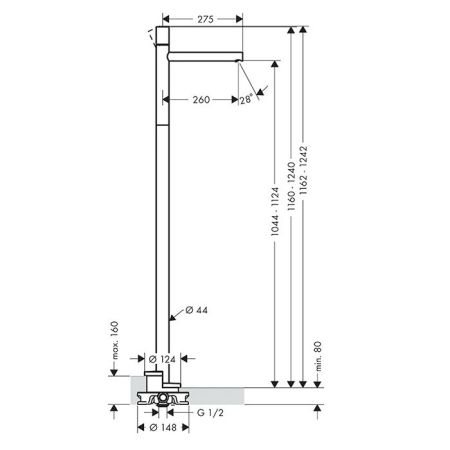 AX Uno Смеситель для раковины, напольный, цвет шлифованный черный хром, артикул 45037340