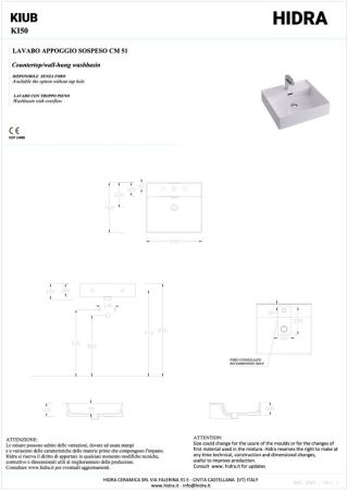 Hidra Kiub, накладная/подвесная прямоугольная раковина 51x46x12h см, цвет белый глянцевый, артикул KI50/001