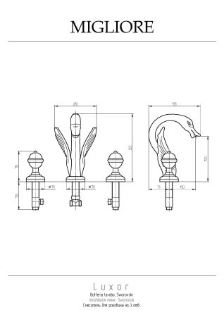 LUXOR Смеситель для раковины на 3 отверстия, лебедь БОЛЬШОЙ, ручки SWAROVSKI, золото, артикул 23085
