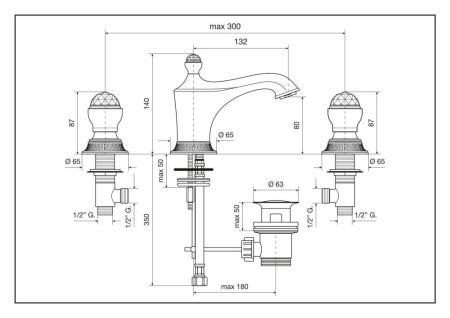 Emmevi The One Leda, смеситель для раковины на 3 отверстия. Металлические ручки + прозрачные кристаллы, цвет хром