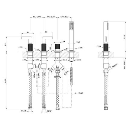 GESSI INCISO Смеситель для ванны на 4 отверстия для наполнения через слив-перелив, переключатель, с ручным душем, цвет: finox, артикул 58043#149