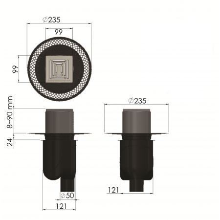 Трап BERGES водосток PLATZ Uno 100х100, матовый хром, S-сифон D50/105 H50 вертикальный, артикул 090069