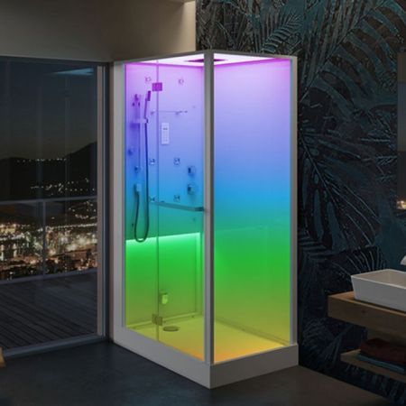 Многофункциональная душевая кабина, Jacuzzi, Bali, высота, мм-2200, глубина, мм-800, ширина, мм-1200, установка-угловая, комплектация: хаммам с ароматерапией, верхний душ, ручной душ, гидромассажные форсунки, смеситель с переключателем, цветотерапия, ауди