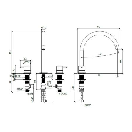 Смеситель для раковины, Almar, тип открывания воды-вентильный, тип регулирования воды-керамический картридж, монтаж-на раковину/столешницу, отверстия для монтажа-3, высота, мм-261, вынос излива, мм-221, тип излива-неподвижный, донный клапан-отсутствует, т, артикул E214004.NB