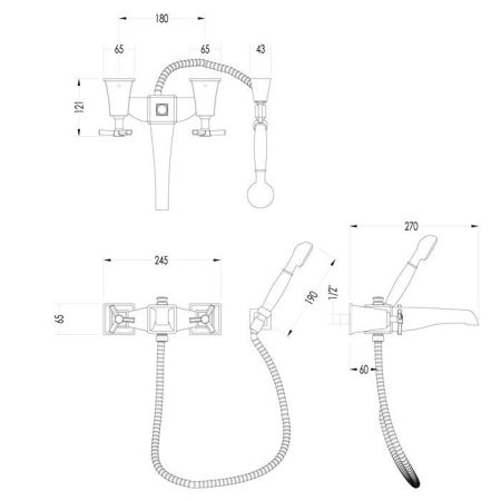 Devon Time Смеситель ванны настенный  с ручной лейкой и шлангом , цвет хром