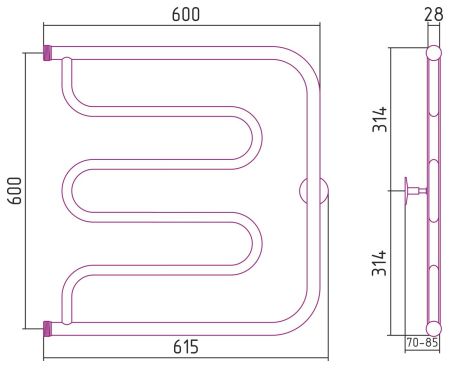 Полотенцесушитель "СТИЛЬЕ" ТАНДЕМ 600х600 резьба-сгон 1" (Без покрытия), артикул 00011-6060