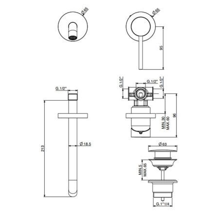 GATTONI CIRCLE TWO Смеситель для раковины встраиваемый, излив 208 мм, донный клапан, цвет хром, артикул 9137/91C0
