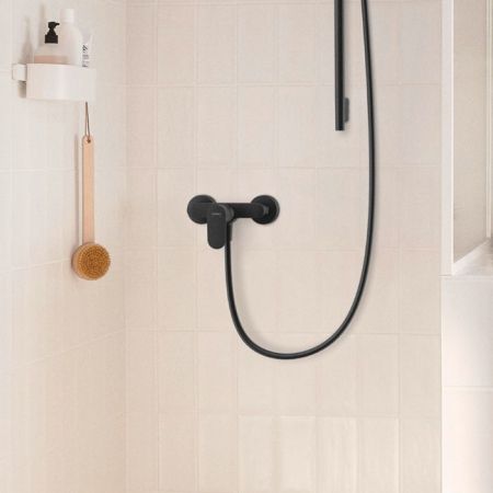 Смеситель для душа, Hansgrohe, Rebris S, тип открывания воды-однорычажный, тип регулирования воды-керамический картридж, монтаж-настенный, отверстия для монтажа-2, цвет-черный матовый, артикул 72640670