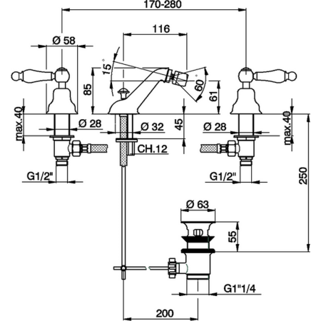 CISAL Arcana Toscana Смеситель для биде на 3 отверстия с донным клапаном, цвет хром