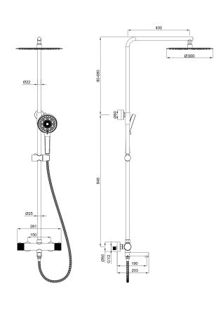 Душевая система с термостатом WONZON & WOGHAND, Черный матовый (WW-88739902-MB), артикул WW-88739902-MB