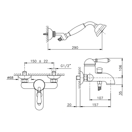 Nicolazzi El Capitan Смеситель для ванны однорычажный, настенный, с ручным душем, цвет: хром, артикул 3401CR75