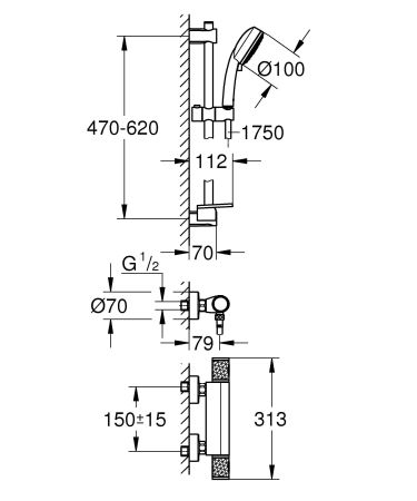 Термостат для душа внешнего монтажа GROHE Precision Feel с душевым гарнитуром, хром (34791000), артикул 34791000