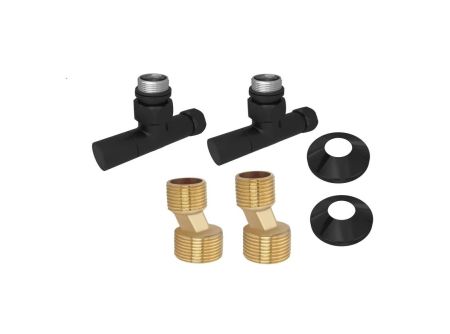 Комплект фитингов для нижнего подключения водяных полотенцесушителей типа лесенка Aquatek ( вентиль круглый г/ш 3/4х1/2 - 2 шт + эксцентрик 3/4х1/2 - 2 шт + отражатель 3/4 - 2 шт), цвет черный муар, артикул AQ 1020BL