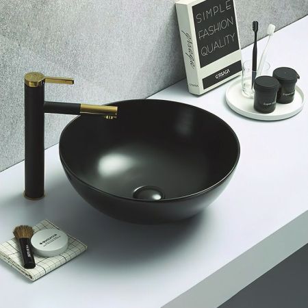 Раковина керамическая накладная AM-104-MB, цвет чёрный матовый, 415х415х155, артикул AM-104-MB