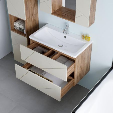 Комплект мебели для ванной Бриклаер КРИСТАЛЛ 80ZSSL, латте/дуб крафт табачный, артикул КРИСТАЛЛ 80ZSSL