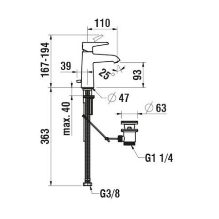 Смеситель для раковины, Laufen, Val, тип открывания воды-однорычажный, отверстия для монтажа-1, вынос излива, мм-110, донный клапан-есть, цвет-хром